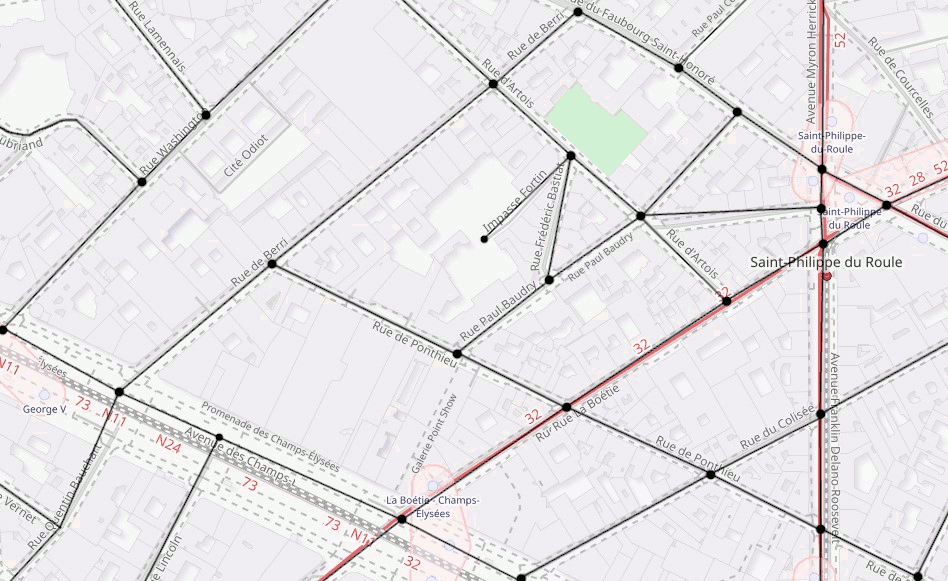 a map of some streets in Paris with a graph overlaid on top